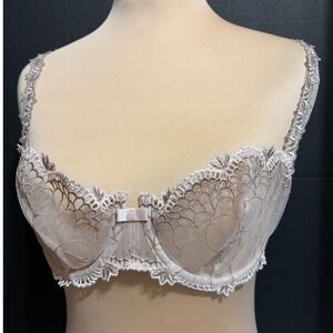 Vintage Chantelle Unlined Underwire Bra 36B Nude Floral Lace French Lingerie